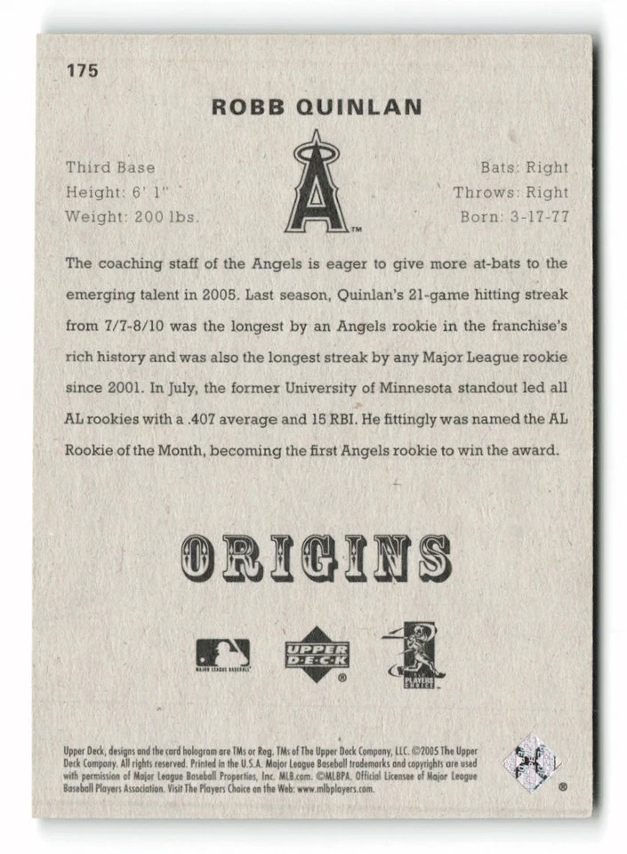 2005 UD Origins Robb Quinlan #175 Los Angeles Angels - Image 2 of 2