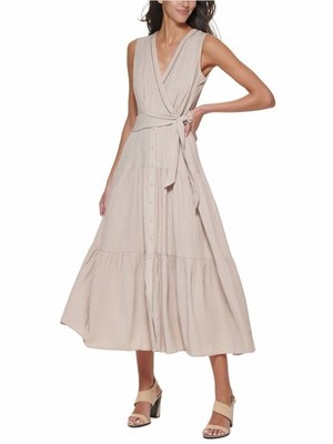 CALVIN KLEIN Women s Tiered Surplice Maxi Dress in Khaki NWT Size 6