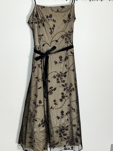 Vintage Jessica Howard Y2K Black Sheer Velvet Burnout Tan Formal Maxi Dress 14 - 第 1/12 張圖片