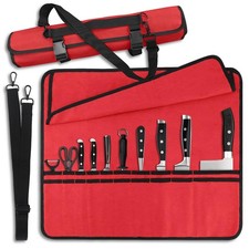 Red Chef Knife Bag With 20 Slots Cutlery Knives Holders Protectors, Home Kitc...