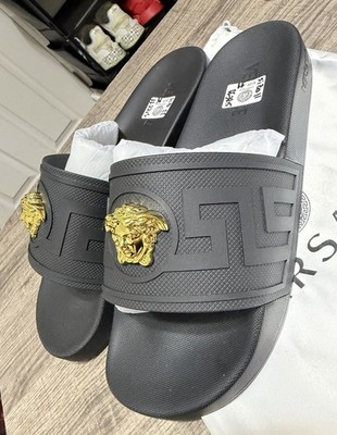 Versace Medusa size 11 Logo Black/Gold Slide Sandals Slip-On Men's 