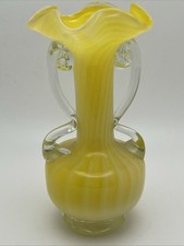 VINTAGE MURANO STYLE ART GLASS VASE HAND BLOWN Yellow STRIPE/Swirl 2 HANDLE 6  