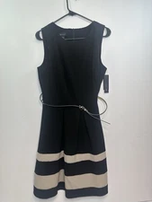 AB Studio Black Dress 14 Belted Stripe Hem NWT $69 