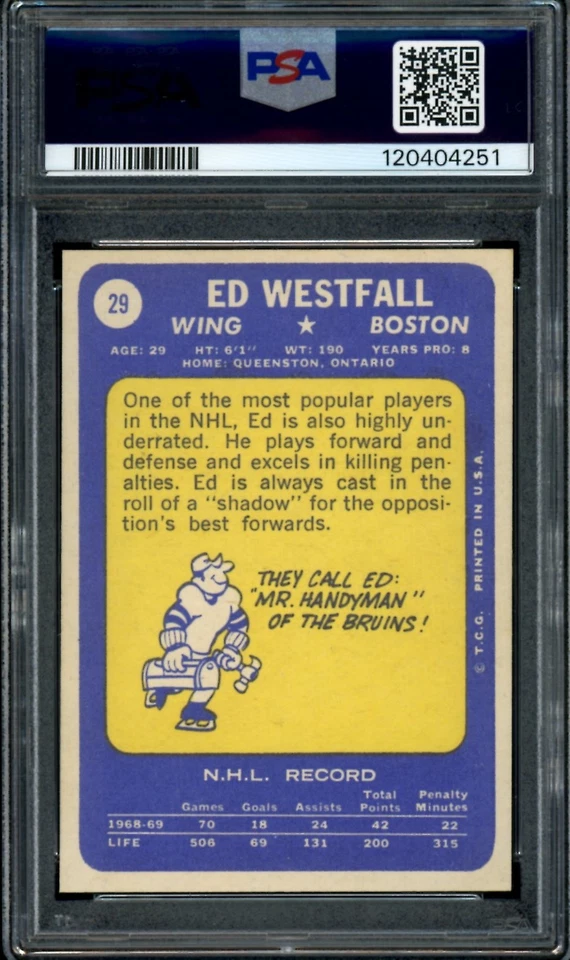 1969-70 TOPPS NHL Hockey #29 ED Westfall PSA 8 NM-MINT Boston Bruins Card - Image 2 of 2