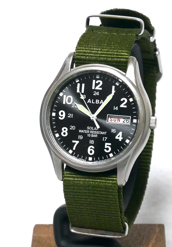 SEIKO ALBA Military Field Watch V158 2019 Black Solar Powered Day-Date Japan - Image 2 of 4