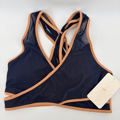 Fabletics Faye Medium Impact Sports Bra II Navy Blue Tan Mesh Strappy Large NEW