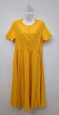 Womens Short Sleeve Crew Neck Gathered Waist A Line Midi Shirt Dress M Yellow