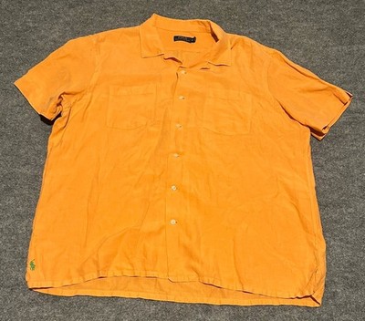 Polo Ralph Lauren Silk Linen Light Orange Green Pony Loop Collar Camp Shirt XXL
