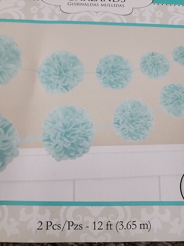 Paper Party Garland Blue Fluffy Pom Poms Christening Baby Shower 12 Feet Each - Picture 2 of 7
