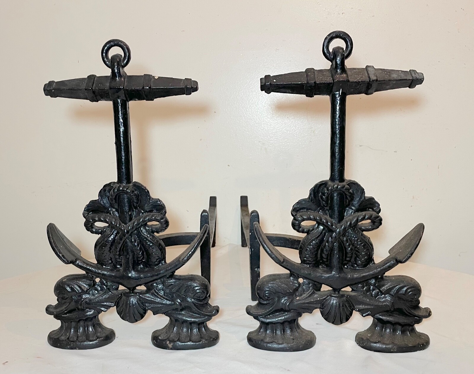 pair of 2 antique Howes cast iron nautical dolphin anchor fireplace