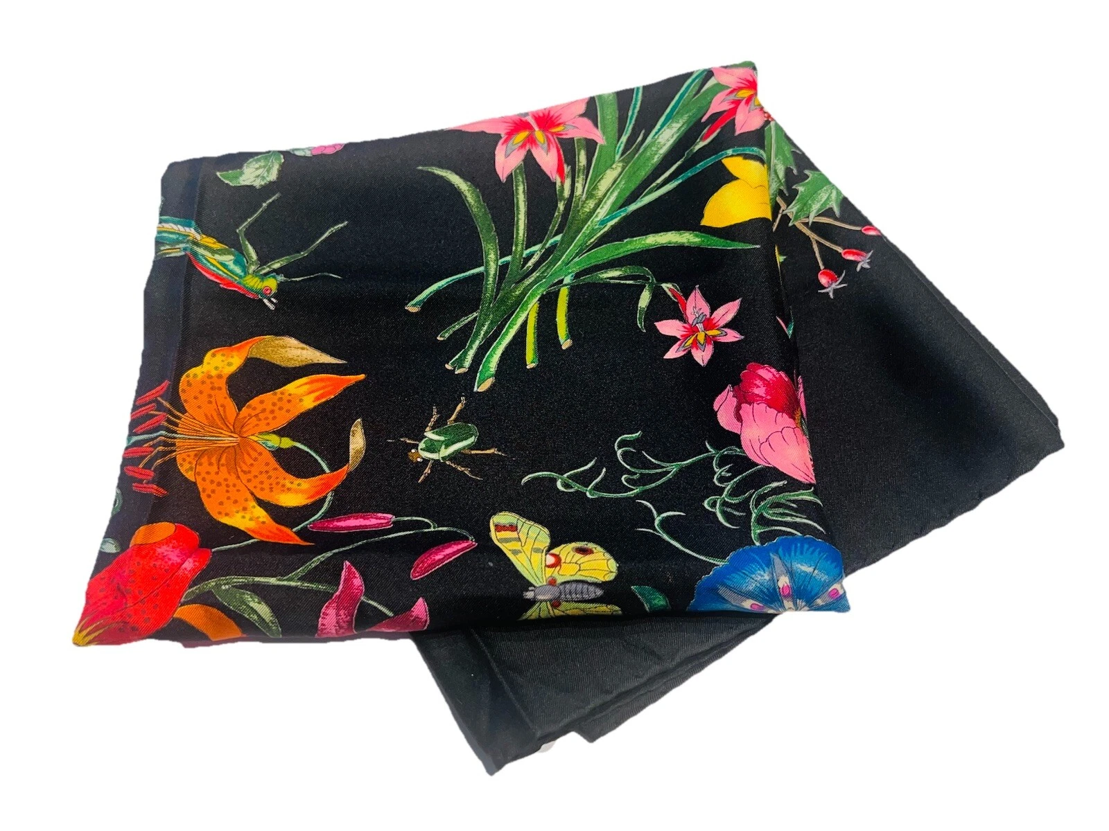Foulard vintage Gucci Flora 100% soie noir rouge vert fleurs