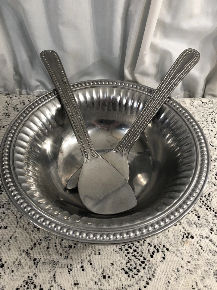 Usado en excelente estado raro! WILTON Armetale flautas perlas tazón grande ensalada 5,5 cuartos, tenedor cuchara Foto 2 de 4