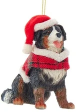 Kurt Adler Bernese Mountain Dog w/ Plaid Coat and Santa Hat Christmas Ornament