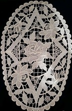 Vintage Needle Point De Venise White Rose pattern doily 11" 16"