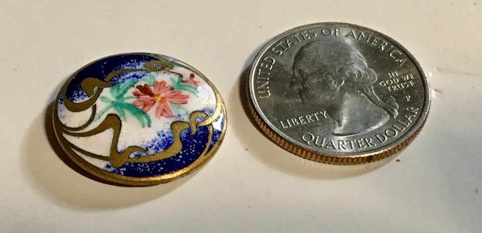 Antique French Enamel Button Champleve Art Nouveau Swirling Hand Painted Flowers - Image 4 of 4