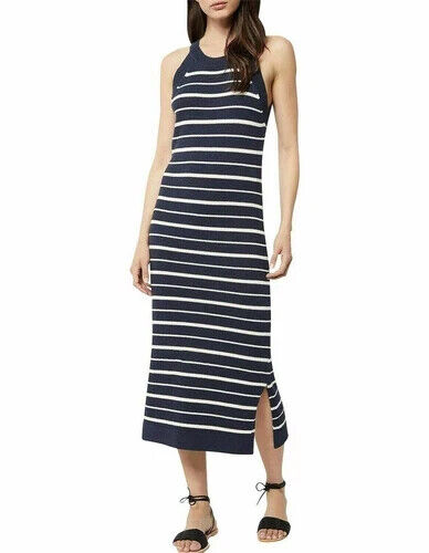 WITCHERY Navy White Stripe Cotton Thick Knit Sleeveless Halter Midi Dress Size S - Picture 4 of 11