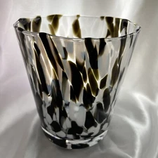Art Glass Vase Clear Black White Splatter Stretch Spots 6" x 6" Uneven Rim