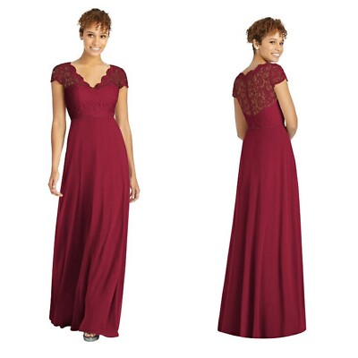 Dessy Collection Cap Sleeve Illusion-Back Lace And Chiffon Dress - Red Dessy Collection Cap Sleeve Illusion-Back Lace And Chiffon Dress - Red