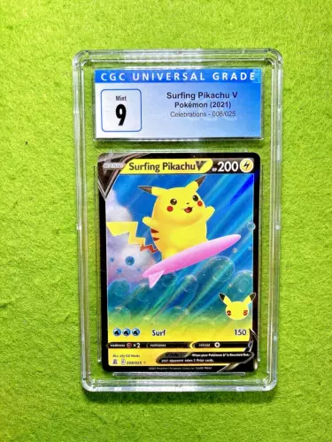 Pikachu SURFING POKEMON CARD CELEBRATIONS FULL ART  2021 Pokémon TCG  CGC 9 MINT