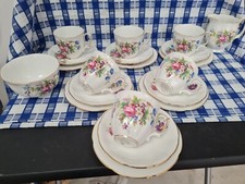 Vintage ROSLYN BONE CHINA TEASET MINUET 6 CUP & SAUCERS JUG & SUGAR BOWL SET