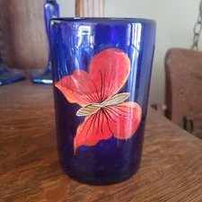 Blue Hand Blown & Painted Glass Vase/Tumbler With Butterfly 5"