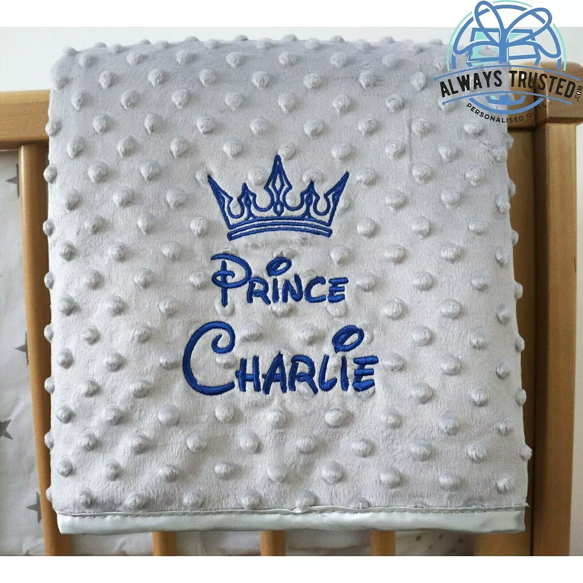 Personalised Baby Blanket Luxury Grey Bubble Style Blue Font Disney Prince Gift