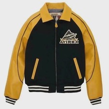 Giubbotto Uomo Avirex Pelle Nero Giallo | Bomber Pelle | Regalo per Lui