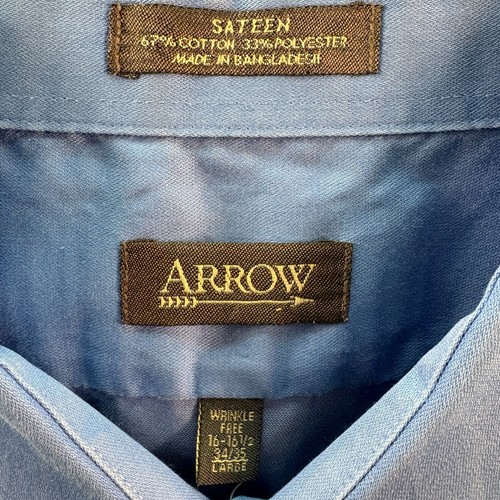 Arrow Solid Blue Sateen Cotton Blend Wrinkle Free Fitted Dress Shirt Men's Large - Picture 3 of 6