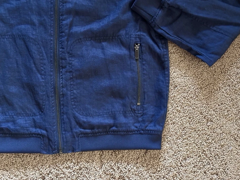 Talla M - Mossimo 100% Lino Chaqueta de Bombardero Militar Vuelo Acanalada Azul Marino Usada 1x Foto 2 de 4