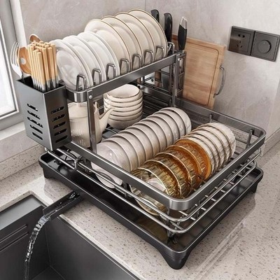 2 Tier Foldable Over Sink Dish Drying Rack Dish Drainer Kitchen Organizer Black