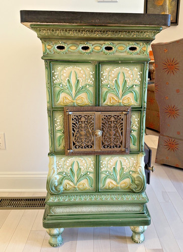 Antique Lily of the Valley Majolica tile parlor stove