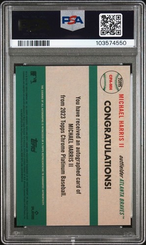 2023 Topps Platinum Anniversary MICHAEL HARRIS II Orange Auto /25 #CPA-MH PSA 9 - Foto 2 di 2