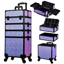 4-IN-1 Rolling Makeup Case Cosmetic Box Shiny Purple Stagiant Cosmetology Wheels