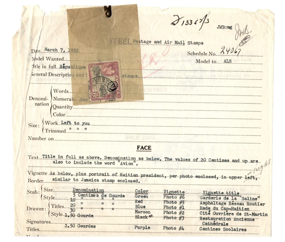 Haiti 1953 Series ABNCo Orig Vignette Engraving Instructions JAMAICA??? - L44005 - Image 2 of 4