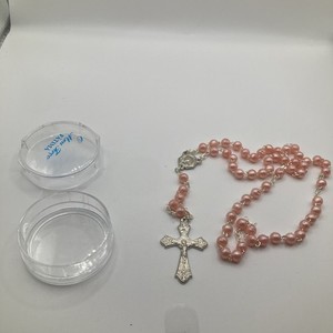 Pale Pink/Peach Plastic Beaded Christian Catholic Fatima Rosary W/ Case