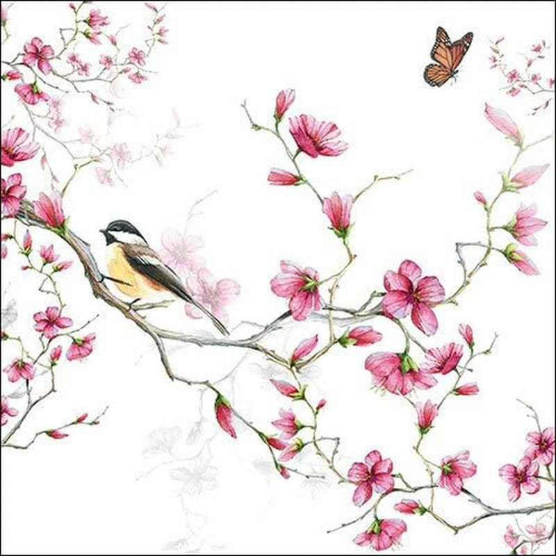 20 Servietten Vogel an Pinke Blüten als Tischdeko für den Frühling und Sommer mi