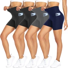 FULLSOFT 4pk Biker Shorts Women Pockets High Waist Tummy Control Yoga Gym Run...