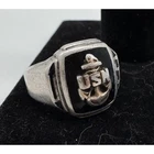 Vintage US Navy USN Anchor Sterling Silver Black Onyx Signet Ring Size 9.5