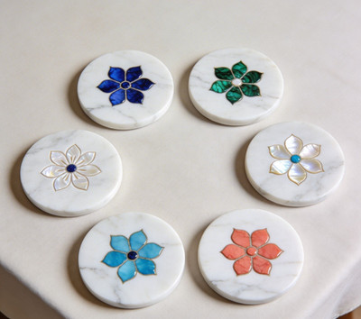 Marble Inlay Stone Coaster Set   Handmade Floral Art Table Accessories