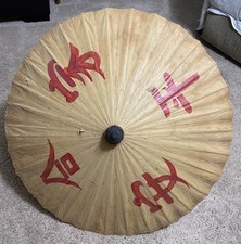 VTG 32  Bo Sang Thai Paper Parasol Umbrella Calligraphy Wood Handle 1960s