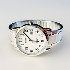 Timex Men's Easy Reader Expansion Watch WORKS New Battery 8" Silver Tone INDIGLO