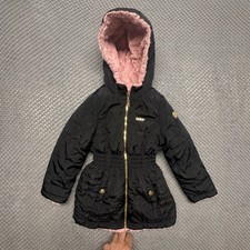 DKNY Girls Black Puffer Coat Pink Faux Fur Hood Zip Good