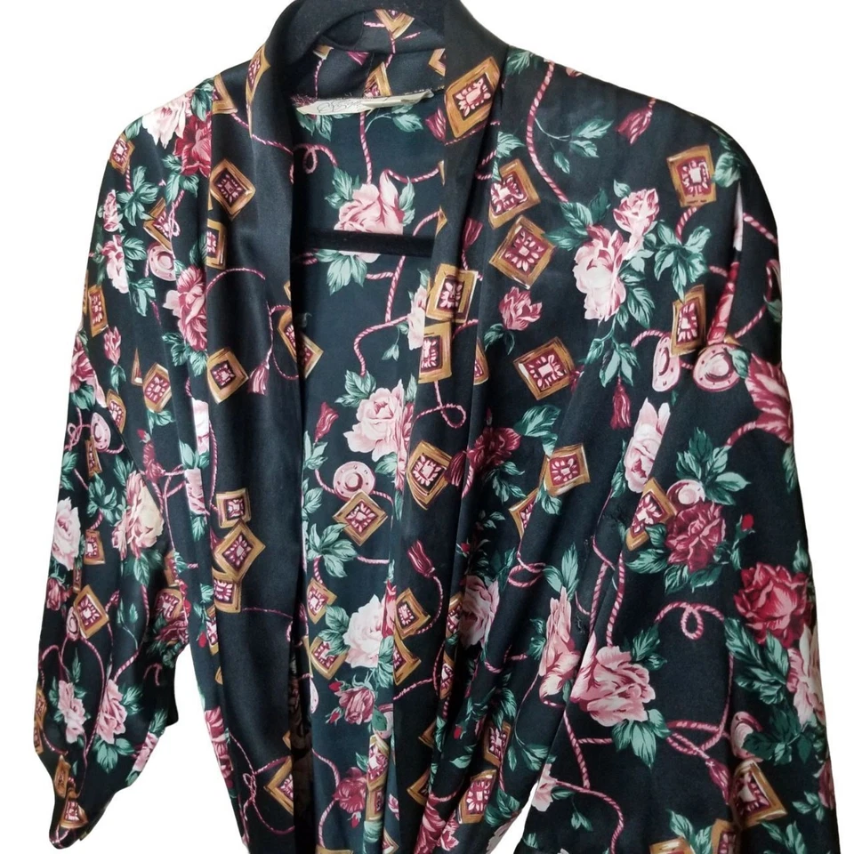 Go Softly Robe Women L Black Satin Floral Robe Long Robe Women Lounge Robe - Image 4 of 4