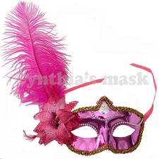 Fuchsia Shiny Metallic Venetian Masquerade Mask w/Ostrich Feather Prom Party