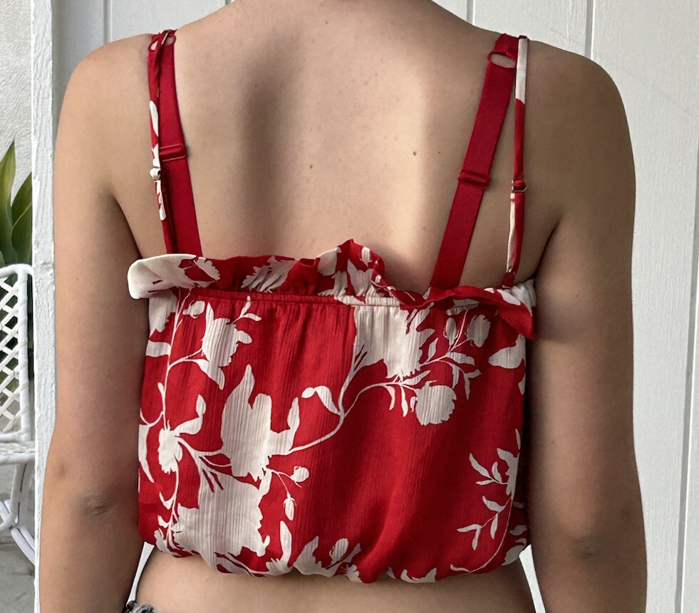 Johanna Ortiz H&M M Red Floral Crop Top Tie Bottom Elastic
