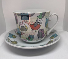Retro Owls Set Colorful Coffee Tea Mug Cup & Saucer Plate By Creative Tops Ltd