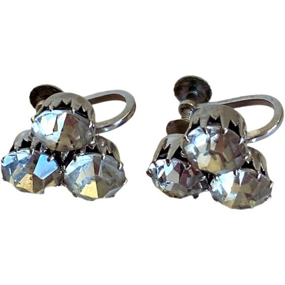 Vintage Clear Crystal Rhinestone Earrings Screw Back Silver Tone Made In Austria