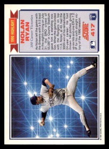 1991 Score Nolan Ryan 300 Career Victories #417 Texas Rangers ~ $.99 Ship! - Picture 2 of 2