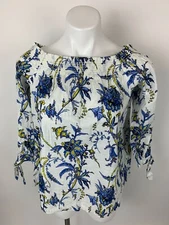 NEW Ann Taylor Loft White Blue Floral Hippie Boho Smocked Blouse Top XS