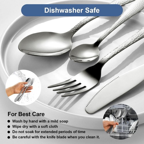 16 Piece Premium Stainless Steel Flatware Set with Hammered Pattern Design - Picture 4 of 5